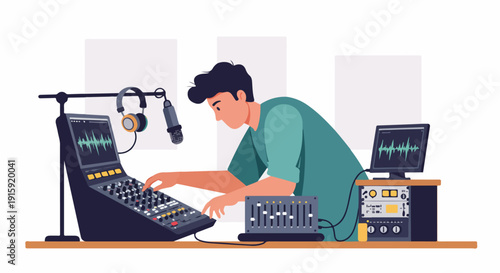 Sound engineer working on audio production, mixing tracks on a studio console with microphone and waveform displays.