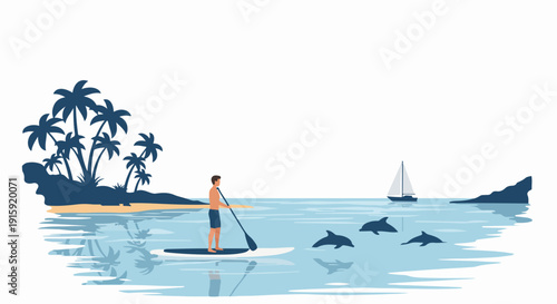 Paddle boarder on turquoise water enjoying the tropical seascape with dolphins, palm trees, and a distant sailboat.