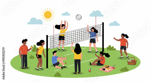 Diverse Friends Playing Outdoor Volleyball and Enjoying a Picnic in the Park on a Sunny Summer Day.