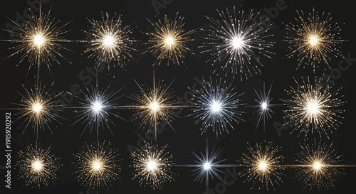 Sparkling Starbursts and Light Flares Collection: Golden and Silver Explosions on Black Background