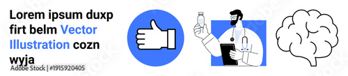 Healthcare, wellness, mental support, approval, medical research, decision-making. A thumbs-up icon, a doctor holding a pill bottle and an outlined brain. Healthcare and mental support