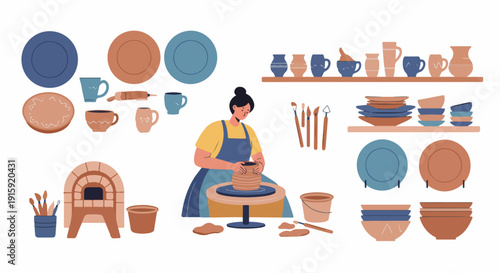 A woman making ceramic tableware on a pottery wheel surrounded by finished goods, tools, and a kiln in a professional creative studio setting.