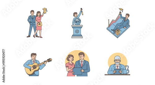 Business people and leaders celebrating success, teamwork, awards, career growth, and leisure activities in a modern corporate environment