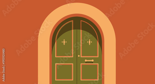 Green Archway Door with Shadow, Warm Orange Wall Accent