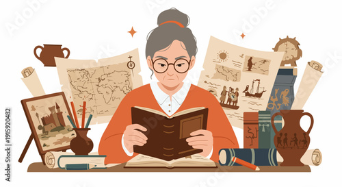 Elderly female historian researching history, surrounded by ancient maps, scrolls, books, and archaeological artifacts.
