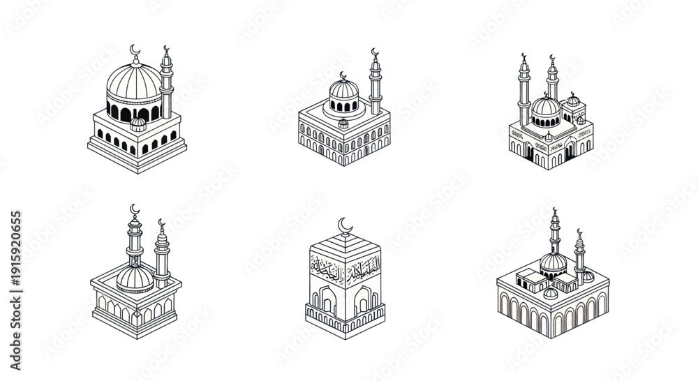 Obraz premium Isometric Islamic mosque icons set with crescent moons and minarets, black line art for religious and architectural design projects