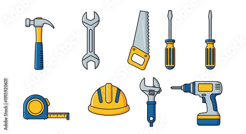 Handyman Tools Collection: Hammer, Wrench, Saw, Screwdriver, Drill, Tape Measure, Hard Hat