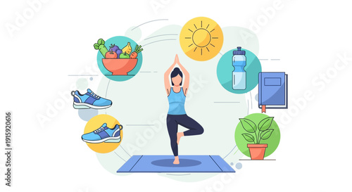 Healthy Lifestyle Concept: Yoga, Nutrition, Exercise, Hydration, and Wellbeing