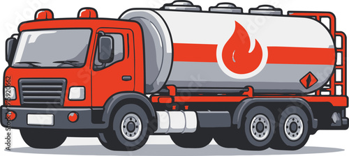 Cute Cartoon Fuel Tanker Truck Vector Illustration of a Red Oil Tanker with Fire Icon Isolated on White Background
