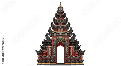 Intricate Balinese Temple Gate with Ornate Carvings on White Background