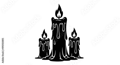 Three Dripping Black Candles Burning with Flames on White Background