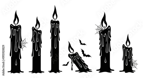 Spooky Black Candles with Dripping Wax, Cobwebs, and Bats Silhouette for Halloween