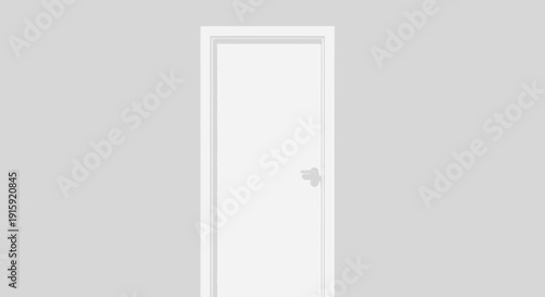 Minimalist white door with silver handle on gray background