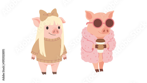 Cute Pig Fashion Cartoon Vector, Stylish Pig Girl Characters Illustration