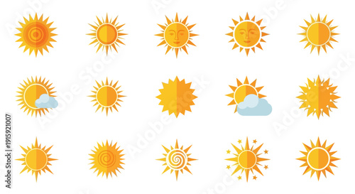 Collection of stylized sun icons, representing weather, seasons, and energy