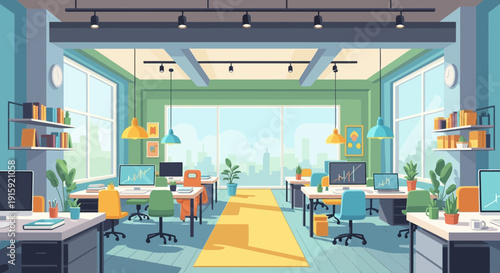 Modern Office Interior with Desks, Computers, and City View