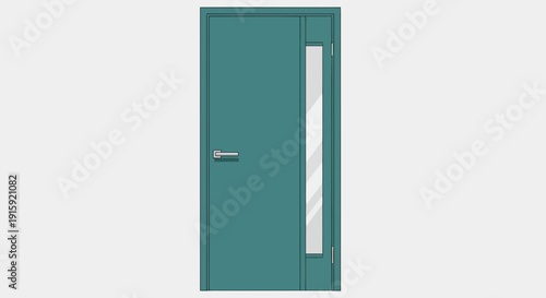 Modern Teal Door with Glass Panel and Silver Handle, Isolated on Grey Background