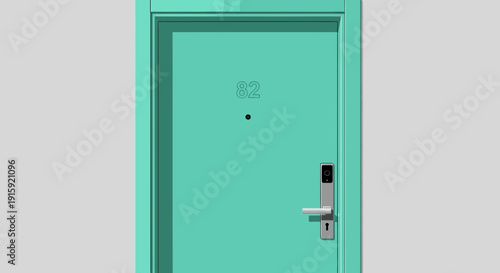 Modern Teal Door with Smart Lock and Peephole, Minimalist Entrance Concept