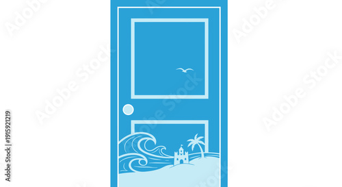 Open Door to Paradise: Beach, Ocean Waves, Sandcastle, Palm Tree, Seagull