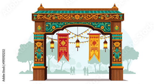 Ornate Archway with Banners and Lanterns, Festive Entrance to Park