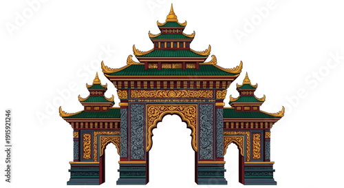 Ornate Asian Gate Structure with Green Roofs and Golden Details