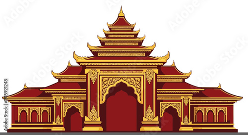 Ornate Asian Temple Entrance Gate, Red and Gold Traditional Architecture