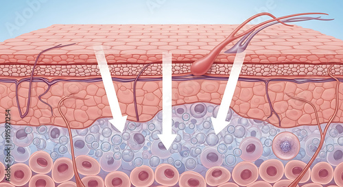 Cross section of human skin layers with arrows showing penetration