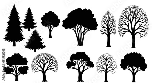 Collection of Diverse Tree Silhouettes Isolated on White Background