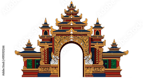 Ornate Asian Temple Gate Architecture - Traditional Buddhist Entrance Archway