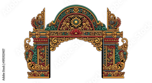 Ornate Balinese Temple Gate with Intricate Carvings and Colorful Details