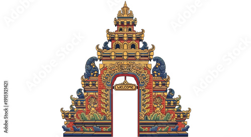 Ornate Balinese Temple Gate with Welcome Sign, Traditional Architecture