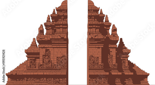 Ornate Balinese Temple Gate, Ancient Hindu Architecture, Stone Carvings, White Background