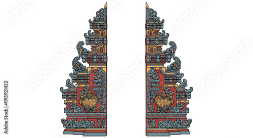 Ornate Balinese Temple Gate, Candi Bentar, Traditional Architecture, Isolated