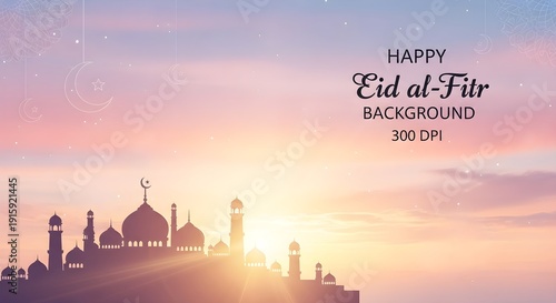 Eid al fitr celebration background mosque silhouette against sunset sky