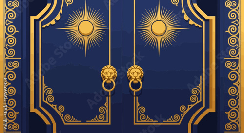 Ornate Blue and Gold Double Doors with Lion Head Knobs and Sunbursts