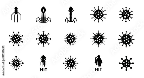 Collection of Bacteriophage and Virus Icons: Science, Biology, Infection, Medical Symbols