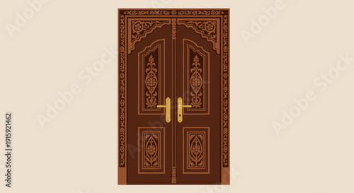 Ornate Brown Double Door with Golden Handles, Intricate Carvings, Traditional Design