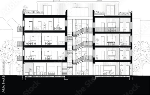 Architectural sectional view of a modern apartment building with rooftop terraces, interior layouts, and a central atrium staircase.