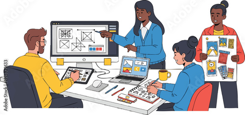 Collaborative Digital Design Team Brainstorming & Working on Project with Computers, Tablets & Mood Board