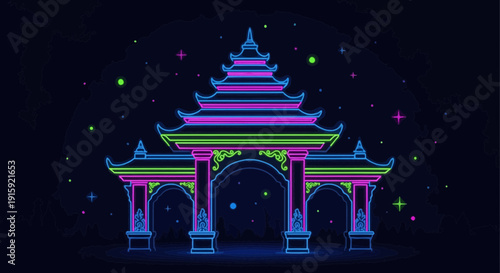 Pixel Art Asian Temple Gate at Night with Neon Lights and Stars