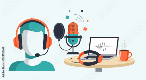 Podcast Recording Setup: Person with Headphones, Microphone, Laptop, Sound Waves