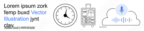 Travel planning, technology usage, scheduling, business trips, personal planning, voice assistance. ion of a clock, suitcase and cloud icon with microphone. Travel planning and technology usage