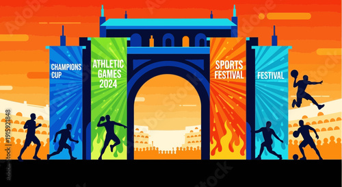 Sports Festival Archway with Athletes, Champions Cup, Athletic Games 2024