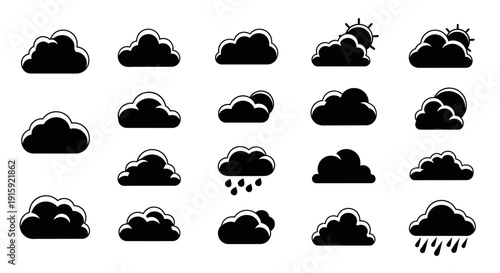Cloud Icons Set: Weather Symbols, Forecast, Sky Elements, Cumulus, Rain, Sun