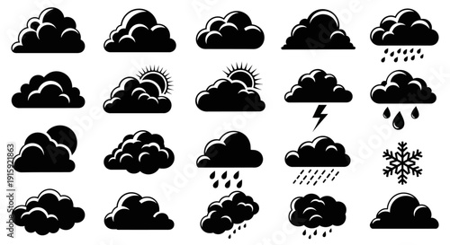 Weather Icons: Clouds, Rain, Snow, Sun, Lightning, Snowflake - Black and White Set