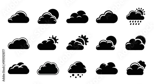 Set of Black Cloud Icons for Weather Forecasts and Meteorology