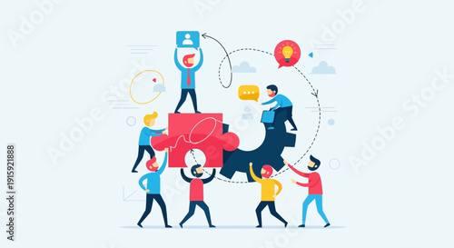 Teamwork and Collaboration Concept: People Building Puzzle and Gear