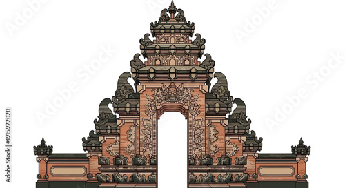 Traditional Balinese Temple Gate, Candi Bentar, Ornate Architecture, White Background