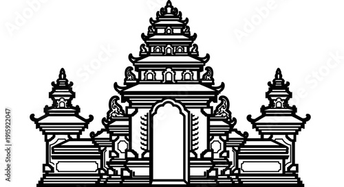Traditional Balinese Temple Gate, Ornate Architecture, Black and White Vector Design