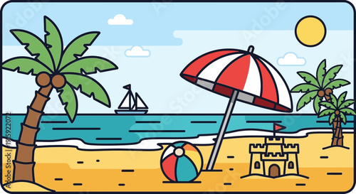 Tropical Beach Vacation Scene with Palm Trees, Sandcastle, and Beach Umbrella